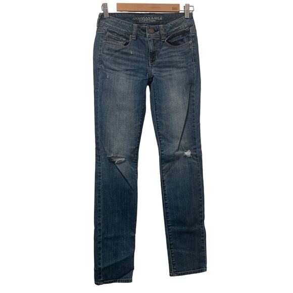 American Eagle Distressed Skinny Stretch Ripped Knees Blue Jeans Size 2 - Picture 1 of 13
